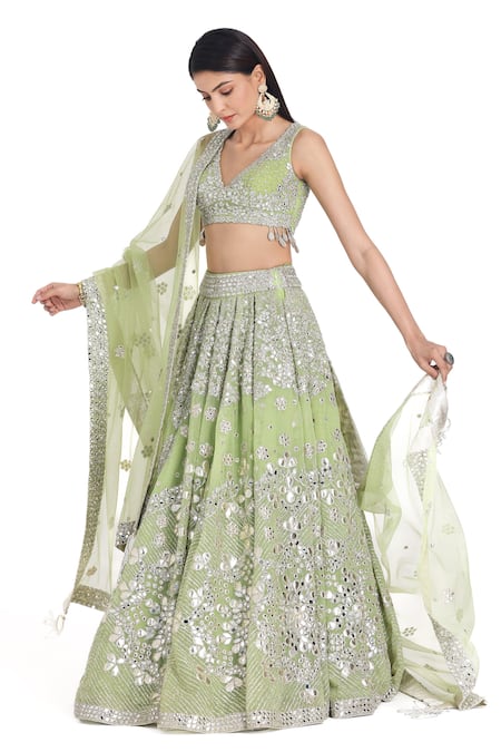 Buy_Abhinav Mishra_Green Net Tassels, Embroidery, Mirrors, Lace V-neck Floral Lehenga Set _Online_at_Aza_Fashions