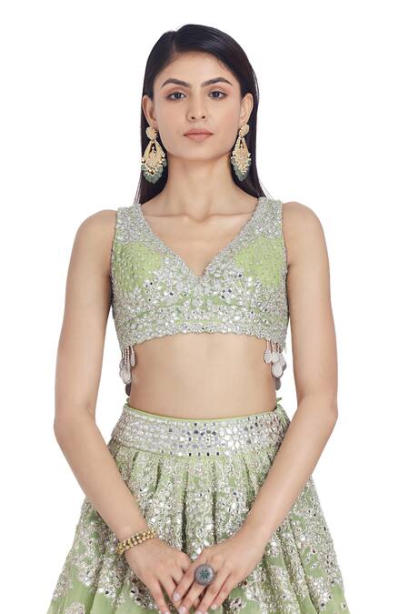 Shop_Abhinav Mishra_Green Net Tassels, Embroidery, Mirrors, Lace V-neck Floral Lehenga Set _Online_at_Aza_Fashions