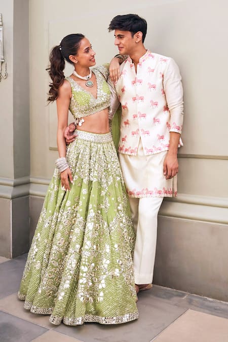 Abhinav Mishra_Green Net Tassels, Embroidery, Mirrors, Lace V-neck Floral Lehenga Set _at_Aza_Fashions