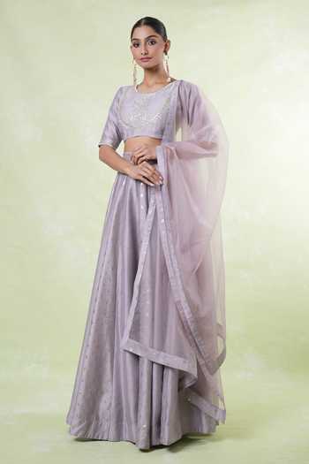 Khwaab By Sanjana Lakhani_Purple Chanderi, Organza Embroidery Round Neck Mauve Floral Lehenga Set _Online_at_Aza_Fashions