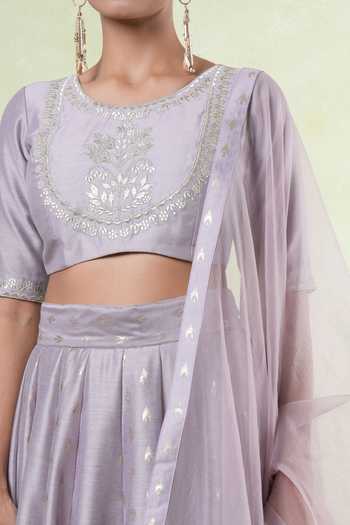 Buy_Khwaab By Sanjana Lakhani_Purple Chanderi, Organza Embroidery Round Neck Mauve Floral Lehenga Set _Online_at_Aza_Fashions