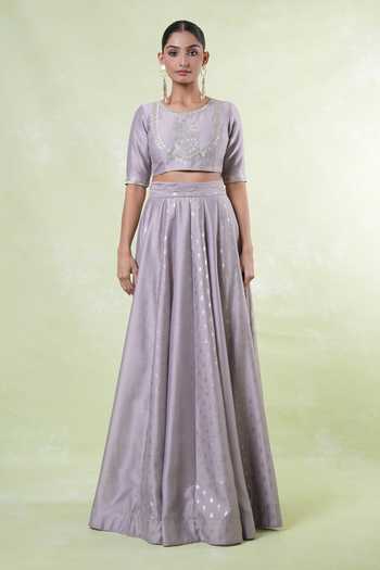Shop_Khwaab By Sanjana Lakhani_Purple Chanderi, Organza Embroidery Round Neck Mauve Floral Lehenga Set _Online_at_Aza_Fashions