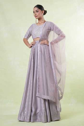 Buy_Khwaab By Sanjana Lakhani_Purple Chanderi, Organza Embroidery Round Neck Mauve Floral Lehenga Set 