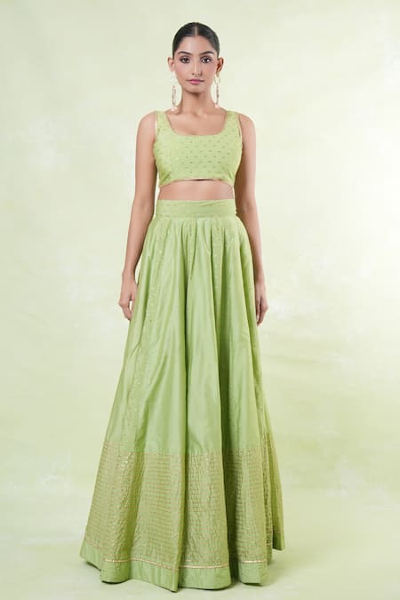 Shop_Naintara Bajaj_Green Chanderi, Chiffon Square Neck Woven Butti Lehenga Set _Online_at_Aza_Fashions