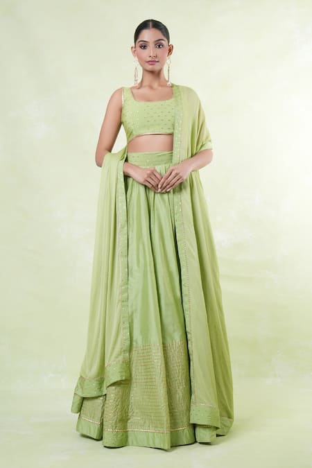 Buy_Naintara Bajaj_Green Chanderi, Chiffon Square Neck Woven Butti Lehenga Set 