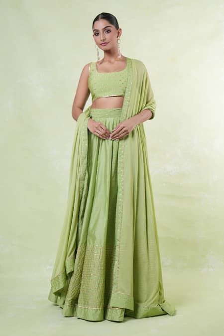 Shop_Naintara Bajaj_Green Chanderi, Chiffon Square Neck Woven Butti Lehenga Set 