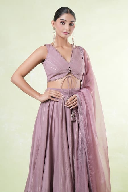 Naintara Bajaj_Pink Silk, Satin, Organza Sequins, Embroidery V-neck Ash Rose Lehenga Set _Online_at_Aza_Fashions