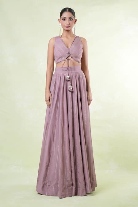 Shop_Naintara Bajaj_Pink Silk, Satin, Organza Sequins, Embroidery V-neck Ash Rose Lehenga Set _Online_at_Aza_Fashions