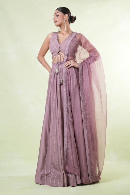 Buy_Naintara Bajaj_Pink Silk, Satin, Organza Sequins, Embroidery V-neck Ash Rose Lehenga Set 