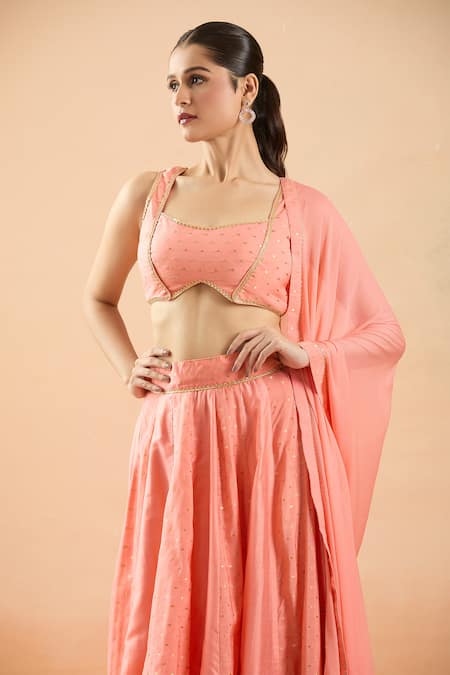 Naintara Bajaj_Coral Chanderi, Chiffon Sequins, Gota Patti Round Lace Embroidered Lehenga Set _Online_at_Aza_Fashions