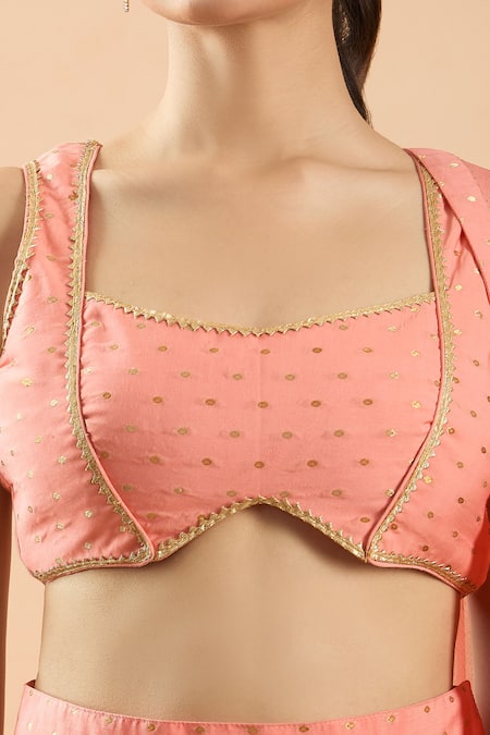 Buy_Naintara Bajaj_Coral Chanderi, Chiffon Sequins, Gota Patti Round Lace Embroidered Lehenga Set _Online_at_Aza_Fashions