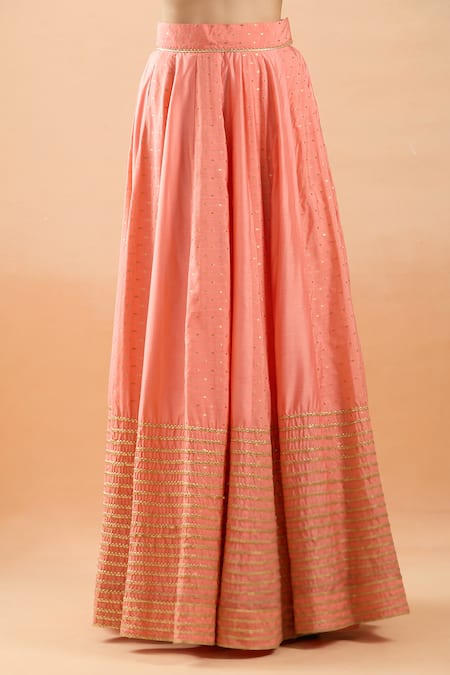 Shop_Naintara Bajaj_Coral Chanderi, Chiffon Sequins, Gota Patti Round Lace Embroidered Lehenga Set _Online_at_Aza_Fashions