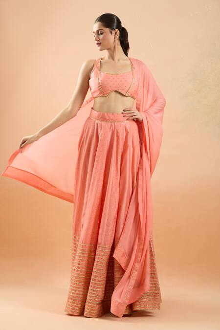 Naintara Bajaj_Coral Chanderi, Chiffon Sequins, Gota Patti Round Lace Embroidered Lehenga Set _at_Aza_Fashions