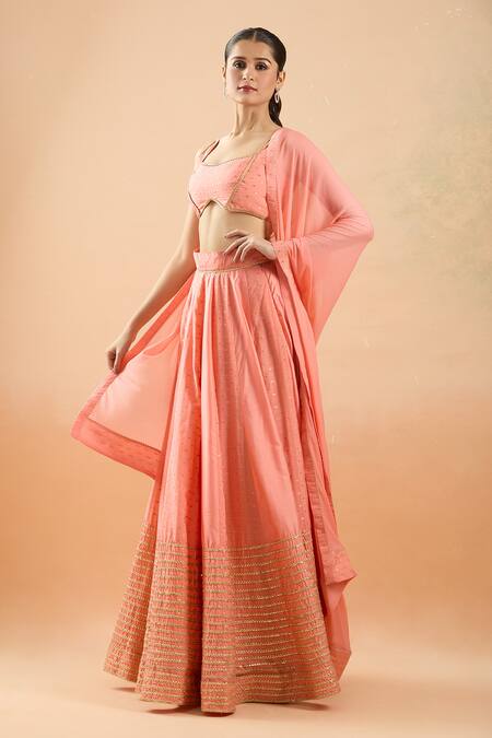 Buy_Naintara Bajaj_Coral Chanderi, Chiffon Sequins, Gota Patti Round Lace Embroidered Lehenga Set 