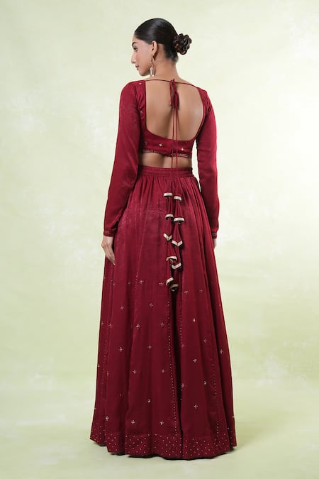 Naintara Bajaj Red Mukaish Work Velvet Lehenga Set 