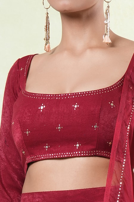 Naintara Bajaj_Red Faux Leather, Organza Mirrors Square Neck Mukaish Work Velvet Lehenga Set _Online_at_Aza_Fashions