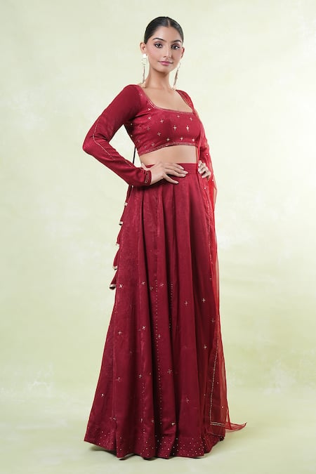 Shop_Naintara Bajaj_Red Faux Leather, Organza Mirrors Square Neck Mukaish Work Velvet Lehenga Set _Online_at_Aza_Fashions