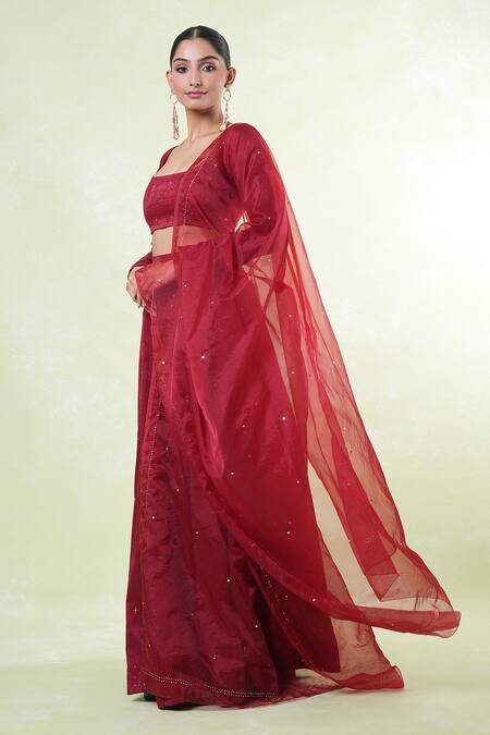 Naintara Bajaj_Red Faux Leather, Organza Mirrors Square Neck Mukaish Work Velvet Lehenga Set _at_Aza_Fashions