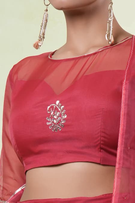 Shop_Naintara Bajaj_Red Organza Mirrors, Embroidery Round Neck Mukaish Lehenga Set _Online_at_Aza_Fashions