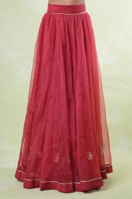 Buy_Naintara Bajaj_Red Organza Mirrors, Embroidery Round Neck Mukaish Lehenga Set 