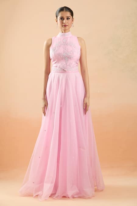 Naintara Bajaj_Pink Organza Applique, Embroidery, Beads High Neck Floral Lehenga Set _Online_at_Aza_Fashions