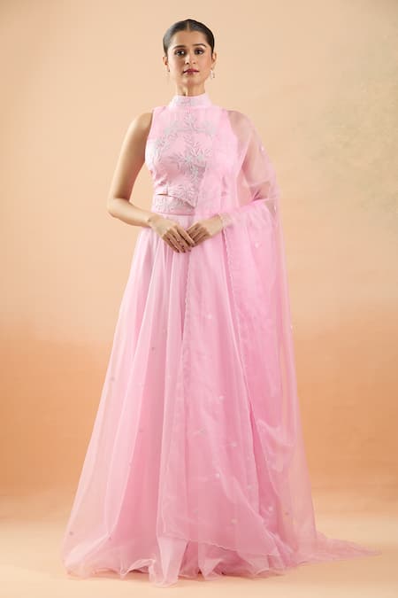Shop_Naintara Bajaj_Pink Organza Applique, Embroidery, Beads High Neck Floral Lehenga Set _Online_at_Aza_Fashions