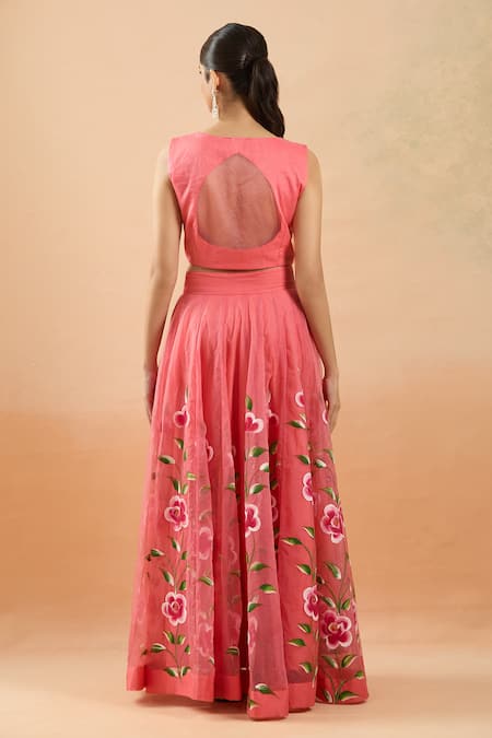 Shop Samyukta Singhania Peach Organza V-neck Hand Painted Floral Lehenga Set at Aza Fashions Shop_Samyukta Singhania_Peach Organza V-neck Hand Painted Floral Lehenga Set _at_Aza_Fashions