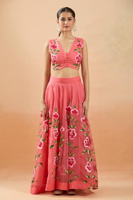 Buy Samyukta Singhania Peach Organza V-neck Hand Painted Floral Lehenga Set Online at Aza Fashions Buy_Samyukta Singhania_Peach Organza V-neck Hand Painted Floral Lehenga Set _Online_at_Aza_Fashions