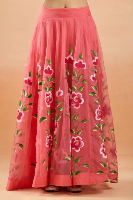 Shop Samyukta Singhania Peach Organza V-neck Hand Painted Floral Lehenga Set Online at Aza Fashions Shop_Samyukta Singhania_Peach Organza V-neck Hand Painted Floral Lehenga Set _Online_at_Aza_Fashions