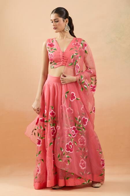 Samyukta Singhania Peach Organza V-neck Hand Painted Floral Lehenga Set at Aza Fashions Samyukta Singhania_Peach Organza V-neck Hand Painted Floral Lehenga Set _at_Aza_Fashions