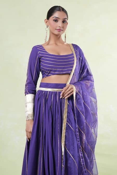 Naintara Bajaj_Purple Cotton, Organza Gota Patti Square Neck Lace Embroidered Lehenga Set _Online_at_Aza_Fashions