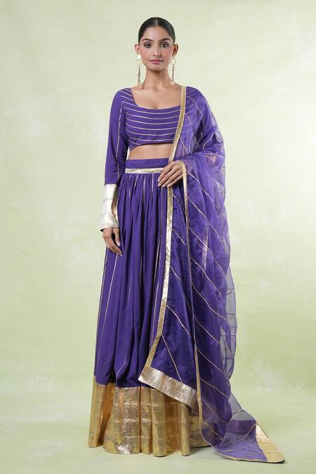 Shop_Naintara Bajaj_Purple Cotton, Organza Gota Patti Square Neck Lace Embroidered Lehenga Set _Online_at_Aza_Fashions