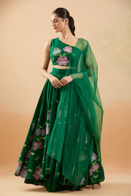 Samyukta Singhania_Green Cotton, Organza Embroidery Asymmetric Brush Painted Lehenga Set _Online_at_Aza_Fashions