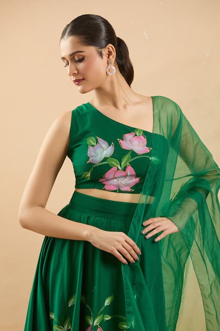 Buy_Samyukta Singhania_Green Cotton, Organza Embroidery Asymmetric Brush Painted Lehenga Set _Online_at_Aza_Fashions