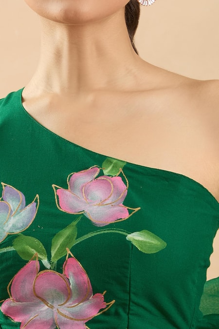 Shop_Samyukta Singhania_Green Cotton, Organza Embroidery Asymmetric Brush Painted Lehenga Set _Online_at_Aza_Fashions