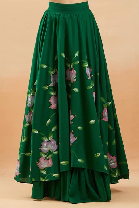 Samyukta Singhania_Green Cotton, Organza Embroidery Asymmetric Brush Painted Lehenga Set _at_Aza_Fashions