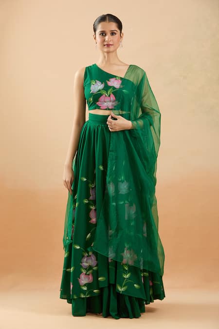 Buy_Samyukta Singhania_Green Cotton, Organza Embroidery Asymmetric Brush Painted Lehenga Set 