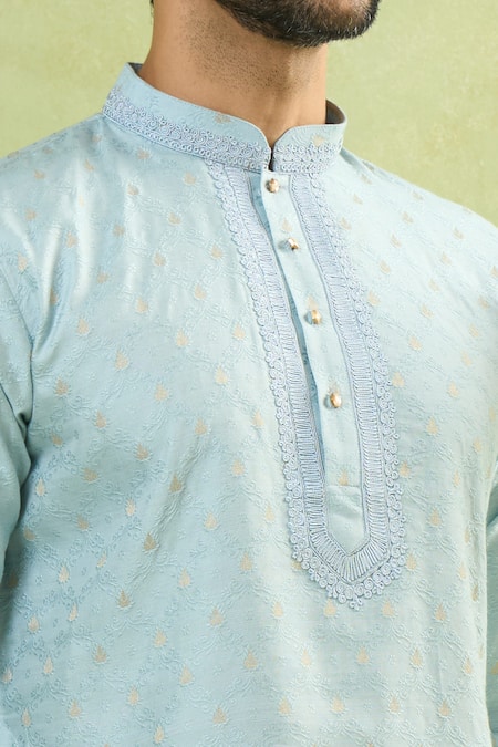 Arihant Rai Sinha_Blue Jacquard Embroidery Floral Woven Kurta _Online_at_Aza_Fashions