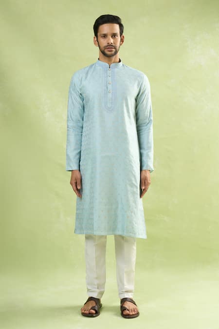 Buy_Arihant Rai Sinha_Blue Jacquard Embroidery Floral Woven Kurta _Online_at_Aza_Fashions
