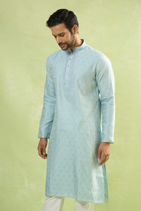 Shop_Arihant Rai Sinha_Blue Jacquard Embroidery Floral Woven Kurta _Online_at_Aza_Fashions