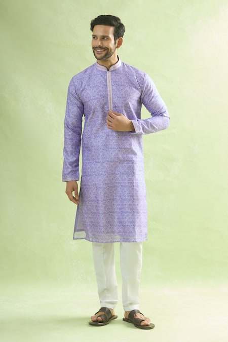 Arihant Rai Sinha_Purple Viscose, Polyester Embroidery Leaf Butti Print Kurta Set _at_Aza_Fashions