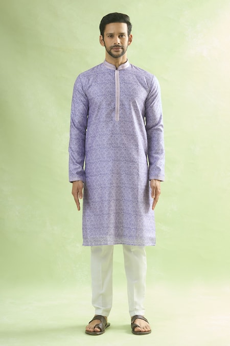 Buy_Arihant Rai Sinha_Purple Viscose Embroidery Leaf Butti Print Kurta _Online_at_Aza_Fashions