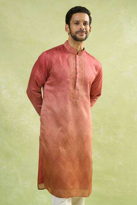 Arihant Rai Sinha Red Viscose, Polyester Embroidery Ombre Chevron Print Kurta Set Online at Aza Fashions Arihant Rai Sinha_Red Viscose, Polyester Embroidery Ombre Chevron Print Kurta Set_Online_at_Aza_Fashions