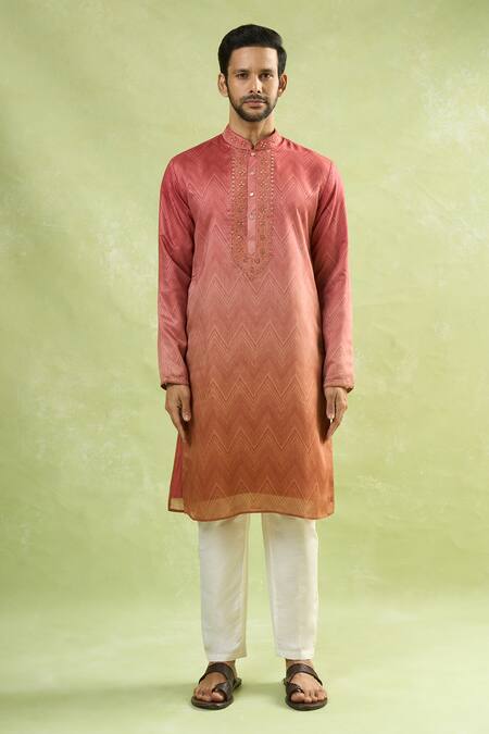 Shop Arihant Rai Sinha Red Viscose, Polyester Embroidery Ombre Chevron Print Kurta Set Online at Aza Fashions Shop_Arihant Rai Sinha_Red Viscose, Polyester Embroidery Ombre Chevron Print Kurta Set_Online_at_Aza_Fashions
