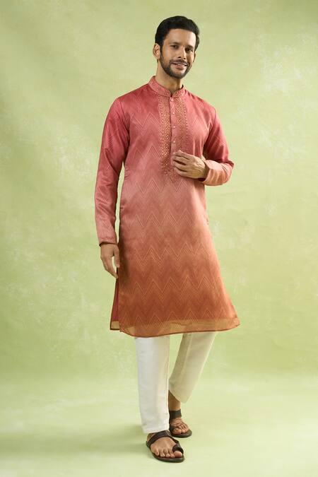 Arihant Rai Sinha Red Viscose, Polyester Embroidery Ombre Chevron Print Kurta Set at Aza Fashions Arihant Rai Sinha_Red Viscose, Polyester Embroidery Ombre Chevron Print Kurta Set_at_Aza_Fashions