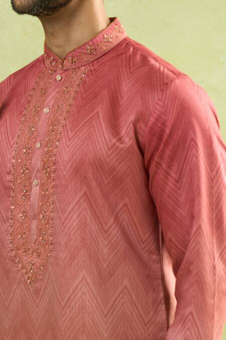 Arihant Rai Sinha Red Viscose Embroidery Ombre Chevron Print Kurta Online at Aza Fashions Arihant Rai Sinha_Red Viscose Embroidery Ombre Chevron Print Kurta_Online_at_Aza_Fashions