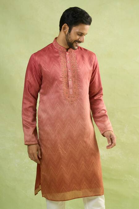 Arihant Rai Sinha Red Viscose Embroidery Ombre Chevron Print Kurta at Aza Fashions Arihant Rai Sinha_Red Viscose Embroidery Ombre Chevron Print Kurta_at_Aza_Fashions