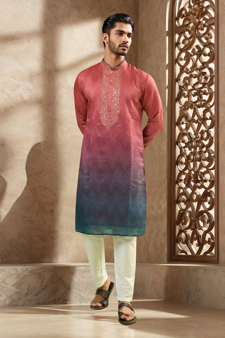 Arihant Rai Sinha Red Viscose Embroidery Gradient Zig Zag Print Kurta 