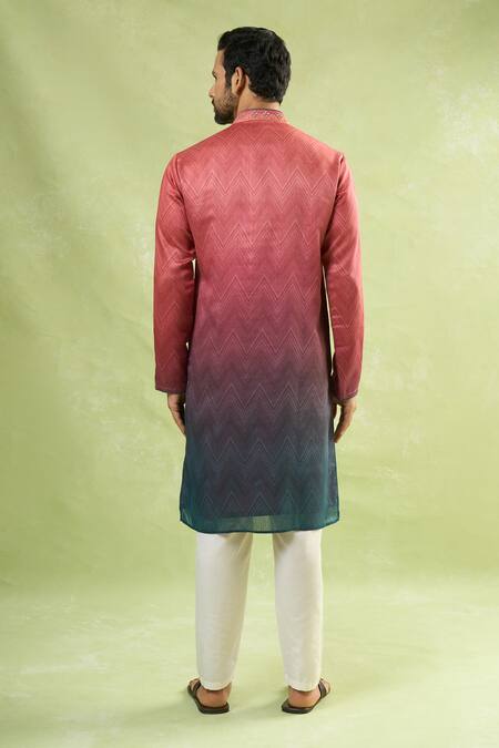 Shop Arihant Rai Sinha Red Viscose Embroidery Gradient Zig Zag Print Kurta at Aza Fashions Shop_Arihant Rai Sinha_Red Viscose Embroidery Gradient Zig Zag Print Kurta_at_Aza_Fashions
