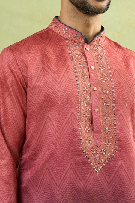 Arihant Rai Sinha Red Viscose Embroidery Gradient Zig Zag Print Kurta Online at Aza Fashions Arihant Rai Sinha_Red Viscose Embroidery Gradient Zig Zag Print Kurta_Online_at_Aza_Fashions